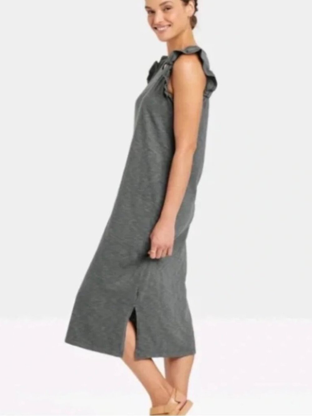 Universal Thread Women's XS Gray Midi Sleeveless Ruffle Tank Dress Cotton!